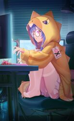absurdres chair crazy_ones dinosaur_hood dinosaur_tail fake_tail food frilled_shorts frills fruit glasses highres jacket computer_keyboard monitor office_chair official_art pantyhose pink_shorts purple_hair qianye_zhizi screen_light shorts strawberry swivel_chair tail white_pantyhose window_blinds yellow_eyes yellow_jacket
