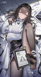 1girl absurdres arknights bed black_pantyhose blush bra bra_visible_through_clothes breasts brown_hair chinese_commentary clipboard clothes_lift coat commentary_request convenient_censoring feet film_grain foot_out_of_frame foot_up hair_spread_out hand_up heavy_film_grain highres huade_xiami large_breasts long_hair looking_at_viewer lying on_back on_bed pantyhose parted_lips pillow priestess_(arknights) purple_bra purple_eyes purple_skirt shirt skirt skirt_lift smile soles solo tablet_pc toes underwear white_coat white_shirt