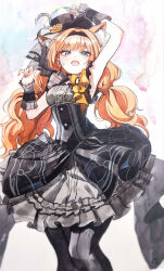 1girl :o animal_ear_fluff animal_ears arm_up armpits black_dress black_hairband black_hat black_pantyhose blue_archive blue_eyes blush bow cat_ears cat_girl center_frills commentary dress dress_bow extra_ears eyelashes feet_out_of_frame flower fluffy_hair frilled_dress frills gangbyeon grey_dress hair_between_eyes hair_intakes hairband hand_up hat hat_feather hat_flower highres idol idol_clothes korean_commentary long_hair looking_at_viewer low_twintails mari_(blue_archive) mari_(idol)_(blue_archive) official_alternate_costume official_alternate_hairstyle open_mouth orange_hair painting_(medium) pantyhose rose signature simple_background sleeveless sleeveless_dress solo standing sweatdrop top_hat traditional_media tsurime twintails two-tone_dress watercolor_(medium) white_background yellow_bow yellow_flower yellow_rose
