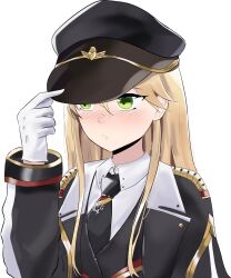 1girl blonde_hair blush coat commission commissioner_upload girls&#039;_frontline gloves green_eyes hat highres kandly long_hair military_coat military_hat military_uniform necktie non-web_source peaked_cap simple_background solo stg44_(girls&#039;_frontline) stg44_(mod3)_(girls&#039;_frontline) transparent_background upper_body vgen_commission white_gloves
