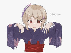 Rule 34 | 1girl, @ @, bandaged arm, bandages, brown hair, cropped torso, fang, ghost pose, hair ornament, japanese clothes, kimono, mask, mask on head, natori sana, natori sana (yukata), open mouth, print kimono, purple kimono, rabbit hair ornament, red eyes, sana channel, sanz zzz, simple background, skin fang, solo, virtual youtuber, white background, yukata