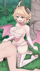 1boy 1girl :d ahoge anal animated animated_gif ass_grab blonde_hair boots bra breasts bush censored choker cleavage clothed_female_nude_male cum cum_on_body cum_on_breasts cum_on_upper_body demon_girl demon_horns demon_tail demon_wings dildo doggystyle elbow_gloves fang femdom gloves green_eyes happy_sex hetero horns kikiu_bd kneeling large_breasts male_penetrated mon-musu_quest! nude on_ground open_mouth outdoors panties pegging penis pointy_ears rami_(mon-musu_quest!) sex sex_from_behind sex_toy smile strap-on tail thigh_boots underwear white_footwear white_gloves wings