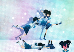 2girls accidental_exposure accidental_pervert black_hair black_rock_shooter blue_sailor_collar blue_skirt blush clothes_pull full-face_blush kuroi_mato medium_hair multiple_girls pinfan pleated_skirt sailor_collar school_uniform serafuku short_twintails skirt skirt_pull takanashi_yomi twintails