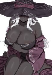 1girl absurdres areola_slip bare_shoulders breasts cleavage dark-skinned_female dark_skin elden_ring elden_ring_nightreign hat hat_over_eyes highres large_breasts large_hat long_hair purple_hat purple_sleeves recluse_(elden_ring) simple_background solo thighs white_hair witch witch_hat woo_(woosan)