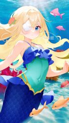 alternate_costume arm_out_of_frame bare_shoulders blonde_hair blue_eyes closed_mouth colored_inner_hair commentary_request covered_navel double-parted_bangs fish flower fortissimo_gr frilled_bikini_top goddess_of_victory:_nikke green_leotard guillotine_(nikke) hair_flower hair_ornament highres lens_flare leotard light_frown looking_at_viewer mermaid monster_girl multicolored_hair ocean off-shoulder_leotard outstretched_arms red_flower shell_eyepatch underwater