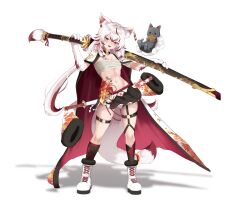 1girl :d animal_ears black_skirt black_socks boots budget_sarashi cat chest_sarashi claws coat coat_on_shoulders collarbone commentary_request crossed_bangs flat_chest fox_ears fox_girl fox_tail full_body groin hair_between_eyes highres holding holding_sword holding_weapon indie_virtual_youtuber knee_boots kneehighs kozakura_momiji looking_at_viewer masaki_nanaya midriff multicolored_hair navel open_mouth over_shoulder pleated_skirt red_eyes red_hair sarashi shadow sheath sheathed sidelocks skindentation skirt smile socks solo_focus standing stomach_tattoo streaked_hair sword sword_on_back sword_over_shoulder tail tattoo thigh_strap virtual_youtuber weapon weapon_on_back weapon_over_shoulder white_boots white_coat white_hair