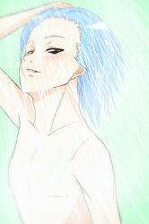 Rule 34 | 1boy, bags under eyes, blue hair, green background, holding, holding own hair, lfti8rxvmjcp1ou, male focus, red eyes, servamp, short hair, showering, sleepy ash, topless male