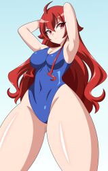 1girl abysswatchers ahoge arms_behind_head arms_up blue_background blue_one-piece_swimsuit blush breasts cleavage collarbone eris_greyrat gradient_background long_hair looking_at_viewer medium_breasts mushoku_tensei one-piece_swimsuit red_eyes red_hair standing swimsuit thick_thighs thighs