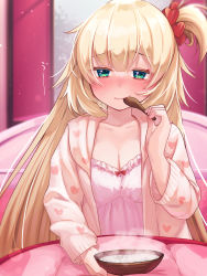 1girl akai_haato aqua_eyes blonde_hair blush bowl breasts cleavage commentary_request eating food hair_ornament half-closed_eyes heart heart_hair_ornament highres holding holding_spoon hololive indoors long_hair long_sleeves looking_at_viewer magowasabi medium_breasts one_side_up pajamas pink_pajamas sick solo spoon very_long_hair virtual_youtuber