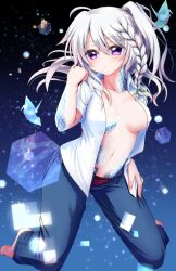 1girl 9-nine- absurdres ahoge alternate_costume barefoot black_bow blush bow bow_panties braid breasts breasts_apart clenched_hand collarbone collared_shirt commentary_request commission covered_erect_nipples denim eyes_visible_through_hair floating_hair full_body green_ribbon grey_hair hair_between_eyes hair_ribbon hand_on_own_hip hand_up highres jeans kneeling large_breasts light_particles long_hair looking_at_viewer navel niimi_sora no_bra open_clothes open_shirt panties pants parted_lips purple_eyes red_panties ribbon second-party_source shirt short_sleeves side_ponytail sidelocks signature single_braid skeb_commission solo stomach tamamo_(1_tamamo) underwear unzipped white_shirt