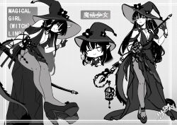 1girl absurdres alternate_costume arknights armlet artist_name bracelet breasts chibi cleavage cup dragon_girl dragon_horns dragon_tail dress drinking_glass english_text flower_in_hat full_body gloves greyscale hair_between_eyes halftone hat highres holding holding_staff horns jewelry lantern light_smile ling_(arknights) long_hair looking_at_viewer monochrome multiple_views necklace outline pantyhose platform_heels sleeveless sleeveless_dress staff sy509 tail wine_glass witch_hat