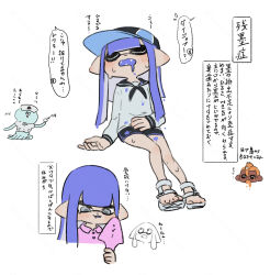 1boy 2girls :t black_sailor_collar black_shorts black_visor blue_hair blue_visor blunt_bangs blunt_ends blunt_sidelocks collared_shirt commentary_request coula_cat cropped_shoulders dark-skinned_male dark_skin dolphin_shorts doodle_inset dot_nose drooling eyebrows_hidden_by_hair fangs full_body hair_between_eyes hand_mirror hand_on_own_stomach hat head_tilt highres holding holding_mirror ink inkling_girl inkling_player_character invisible_chair jellyfish_(splatoon) long_hair long_sidelocks long_sleeves looking_at_mirror mirror mohawk multiple_girls multiple_legs nightshirt nintendo nurse nurse_cap octoling_boy octoling_player_character orange_hair pink_shirt pointy_ears puffy_cheeks runny_nose sailor_collar sandals shirt short_sleeves shorts sick sidelocks simple_background sitting snot solo_focus speech_bubble splatoon_(series) suction_cups sweat tearing_up tentacle_hair translation_request two-tone_hat visor_cap vomiting white_background white_sandals