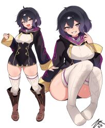 1girl ahoge black_dress boots breasts brown_boots buttons commentary dated dress english_commentary female_morgan_(fire_emblem) fire_emblem fire_emblem_awakening fire_emblem_heroes full_body gluteal_fold hair_between_eyes hand_up highres hood hood_down knee_boots long_sleeves looking_at_viewer medium_breasts multiple_views nintendo open_mouth purple_eyes purple_hair purple_theme short_dress short_hair sidelocks signature simple_background teeth thighhighs white_background white_thighhighs zet_(twt_zet)