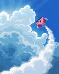 cloud cloudy_sky day excited fantasy flying frown goggles highres jet_kirby kirby kirby_(series) miclot nintendo open_mouth outdoors outstretched_arms rocket sky smile solo sparkling_eyes spread_arms sunlight tongue