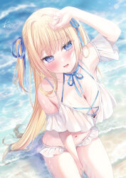 Rule 34 | 1girl, absurdres, bare shoulders, beach, bikini, blonde hair, blue eyes, blue ribbon, blush, breasts, choker, cleavage, hair ornament, hair ribbon, highres, kmr 7m, large breasts, long hair, looking at viewer, navel, open mouth, original, ribbon, smile, solo, stomach, swimsuit, two side up, very long hair, water, wet, white bikini