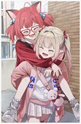 2girls ahoge akami_karubi animal_ears blush carrying cat_ears closed_eyes commentary_request crazy_raccoon glasses grey_hair highres jacket makaino_ririmu multiple_girls nijisanji open_clothes open_jacket open_mouth piggyback pointy_ears red_hair sabamen shoes skirt smile sneakers two_side_up