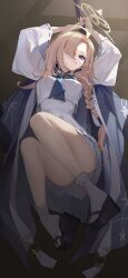 1girl absurdres ahoge akirayang23 ayame_(blue_archive) blonde_hair blue_archive blue_haori braid closed_mouth hair_over_one_eye haori high-waist_skirt highres japanese_clothes long_hair looking_at_viewer lying on_back platform_sandals purple_eyes sandals shirt sidelocks single_braid skirt smile socks solo white_shirt white_skirt white_socks
