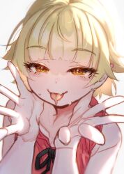1girl aged_down blonde_hair child close-up fang half-closed_eyes hands_on_own_face highres kiss-shot_acerola-orion_heart-under-blade kizumonogatari looking_at_viewer monogatari_(series) neck_ribbon oshino_shinobu otaichiichi portrait red_shirt ribbon saliva shirt short_hair skin_fang solo tongue tongue_out white_background yellow_eyes