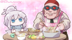 1boy 1girl bask_om beanie bread colored_eyelashes commentary_request copyright_name deux_murasame dinner food fork goggles gundam gundam_gquuuuuux hair_bun hat highres holding holding_fork holding_spoon noodles purple_pupils red_hat scarf serizawa_enono smile sparkle spoon table updo white_eyelashes