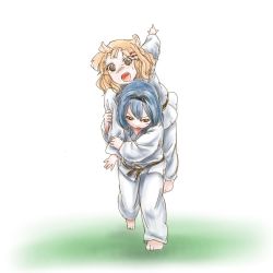 2girls bad_id bad_pixiv_id blonde_hair blue_hair dougi female_focus furutani_himawari judo judo_throw judogi judoka long_hair multiple_girls oomuro_sakurako open_mouth syou_(endemic_species) yuruyuri