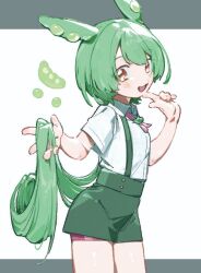 1girl blush collared_shirt commentary creature_and_personification green_hair green_shorts green_suspenders grey_background holding holding_own_hair letterboxed long_hair looking_at_viewer low_ponytail michia_(bourgognepony) pea_pod personification ponytail shirt short_sleeves shorts simple_background smile solo suspender_shorts suspenders voicevox white_background white_shirt yellow_eyes zundamon