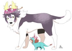Rule 34 | animal focus, animalization, bandaid, bandaid on face, bandaid on nose, brown hair, commentary request, dog, dragon hat, full body, green eyes, narita brian (umamusume), no humans, onikobe rin, samson big (umamusume), simple background, size difference, umamusume, umamusume: star blossom, white background, yellow eyes