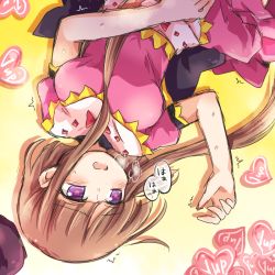 1girl 1up blush brown_hair commentary_request female_focus from_above heart heart-shaped_pupils heavy_breathing lying nishida_satono on_back open_mouth pote_(ptkan) puffy_short_sleeves puffy_sleeves purple_eyes short_hair_with_long_locks short_sleeves solo sweat symbol-shaped_pupils touhou twitching upper_body upside-down
