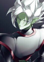 1boy arms_behind_back black_shirt colored_skin commentary_request dragon_ball dragon_ball_super earrings film_grain from_above fused_zamasu gem green_gemstone green_skin grey_background grey_eyes grey_vest highres jewelry looking_back looking_to_the_side male_focus owo8090 pointy_ears potara_earrings red_trim shirt short_hair smile solo spiked_hair upper_body vest white_hair zamasu