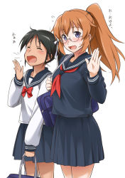 2girls alternate_costume alternate_hairstyle bag bespectacled black_hair black_serafuku blue_eyes blush breasts charlotte_e._yeager closed_eyes fang francesca_lucchini glasses large_breasts long_hair looking_at_viewer multiple_girls open_mouth orange_hair ponytail revision rimless_eyewear school_bag school_uniform serafuku simple_background smile strike_witches tears white_background world_witches_series yawning youkan