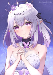 1girl absurdres bare_shoulders black_tiara breasts castorice_(honkai:_star_rail) commentary_request dress flower gundam68 hair_flower hair_ornament highres honkai:_star_rail honkai_(series) large_breasts long_hair looking_at_viewer own_hands_together pointy_ears purple_background purple_eyes purple_hair smile solo tiara twitter_username white_dress