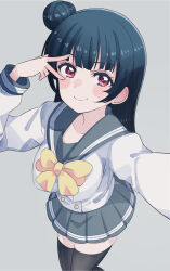 Rule 34 | 1girl, black thighhighs, blue hair, blush, breasts, commentary request, cream (nipakupa), from above, grey background, grey sailor collar, grey skirt, hair bun, large breasts, long hair, long sleeves, looking at viewer, love live!, love live! sunshine!!, neck ribbon, red eyes, ribbon, sailor collar, school uniform, single hair bun, single side bun, skirt, smile, solo, thighhighs, tsushima yoshiko, uranohoshi school uniform, v, v over eye, yellow ribbon