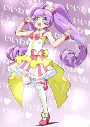 1girl :d bad_id bare_shoulders blush bow breasts coattails dot_nose dress dress_bow frilled_garter full_body green_eyes hair_bow hands_up hashtag-only_commentary heart high_heels highres holding holding_microphone idol idol_clothes legwear_garter long_hair manaka_laala microphone multicolored_dress no_pupils open_mouth pink_bow pink_dress pink_shoes pretty_series pripara puffy_short_sleeves puffy_sleeves purple_hair see-through_clothes see-through_sleeves shoes short_sleeves sleeveless sleeveless_dress small_breasts smile solo standing standing_on_one_leg striped_clothes striped_dress striped_thighhighs thighhighs translation_request twintails v v_over_eye vertical-striped_clothes vertical-striped_dress vertical-striped_thighhighs very_long_hair white_dress white_thighhighs wrist_bow yakizakana_(yakizakana10967) yellow_dress zettai_ryouiki