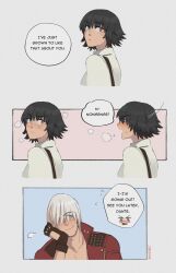 1boy 1girl black_hair blue_eyes blush dante_(devil_may_cry) devil_may_cry devil_may_cry_(series) devil_may_cry_3 fingerless_gloves gloves green_eyes grey_background heterochromia highres jumpoon lady_(devil_may_cry) red_eyes signature simple_background speech_bubble white_hair