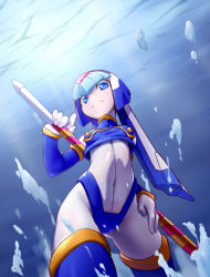1girl android bingshan blue_eyes breasts bubble covered_navel cowboy_shot fairy_leviathan_(mega_man) female_focus foam gloves hand_on_own_thigh hand_on_thigh head_tilt helmet holding looking_at_viewer looking_down mega_man_(series) mega_man_zero_(series) polearm qq438237232 small_breasts solo spear thighhighs underwater weapon