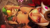 1boy 1girl 3d age_difference ambrosine92 animated blonde_hair blue_eyes breasts cia_(hyrule_warriors) cleavage cunnilingus dark-skinned_female dark_skin from_above green_headwear green_shirt green_tunic hand_on_another&#039;s_head heart_container hetero highres hyrule_warriors link looking_up markings nintendo nipple_slip nipples one_breast_out oral purple_eyes red_pupils scepter shirt shota standing the_legend_of_zelda tunic video white_hair young_link zelda_musou
