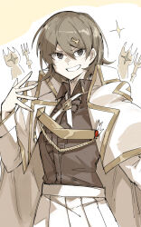 1girl 300_nen_go_ni_fukkatsu_shita_dai_mahoutsukai badge brown_eyes brown_hair brown_shirt center_frills coat collared_coat cowboy_shot cross_tie frills gold_trim grin highres kankan33333 lapels looking_at_viewer notched_lapels ribbon shirt short_hair smile solo white_coat white_ribbon