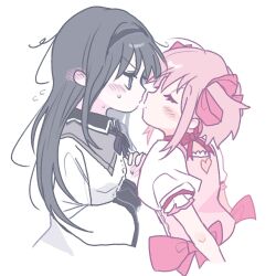 2girls akemi_homura akemi_homura_(magical_girl) black_hair black_hairband blush closed_eyes dress ear_blush hairband highres imminent_kiss kaname_madoka kaname_madoka_(magical_girl) kerimka31328031 long_sleeves mahou_shoujo_madoka_magica mahou_shoujo_madoka_magica_(anime) multiple_girls own_hands_together pink_dress pink_hair purple_eyes shirt short_sleeves simple_background twintails white_background white_shirt yuri