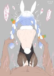 1boy 1girl animal_ears bad_id bad_twitter_id braid fur_scarf grabbing_another&#039;s_hair grabbing_another&#039;s_twintails hetero highres hololive leotard long_hair noriko_(ni_noriko) pantyhose playboy_bunny rabbit_ears rabbit_girl rabbit_tail sex tail torn_clothes torn_pantyhose translation_request twin_braids usada_pekora usada_pekora_(1st_costume) virtual_youtuber