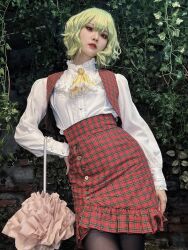 absurdres asagi_himari44 black_pantyhose cosplay cosplay_photo green_hair hand_on_own_hip highres kazami_yuuka long_sleeves looking_at_viewer pantyhose parasol photo_(medium) red_skirt red_vest shirt short_hair skirt touhou umbrella vest white_shirt
