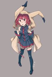 Rule 34 | 1girl, absurdres, animal costume, belt, black boots, black skirt, black sleeves, black thighhighs, boots, breast pocket, buttons, collared shirt, commentary, cosplay, costume, dated, detached sleeves, flat chest, from above, full body, gen 7 pokemon, grey background, hair between eyes, hands up, highres, holding, kasane teto, kasane teto (utau), long sleeves, looking at viewer, mimikyu, mimikyu (cosplay), nintendo, pleated skirt, pocket, pokemon, red belt, red eyes, ririansaguru, shirt, skirt, skirt set, sleeveless, sleeveless shirt, solo, standing, symbol-only commentary, thigh boots, thighhighs, tongue, tongue out, twintails, utau, wing collar