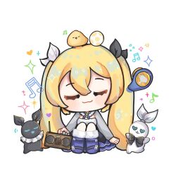 127 1girl bao_bao_(dokibird) blonde_hair blue_boots blue_skirt boombox boots chibi closed_eyes closed_mouth dokibird_(vtuber) dokibird_(vtuber)_(retro_doki) dragoon_(dokibird) egg full_body heart highres indie_virtual_youtuber jacket mei_mei_(dokibird) musical_note simple_background sitting skirt smile solo virtual_youtuber white_background white_jacket