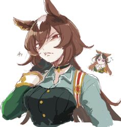 2girls animal_ears breasts brown_hair chibi chibi_inset disgust furrowed_brow glaring green_shirt hair_between_eyes hand_in_own_hair highres horse_ears long_hair long_sleeves looking_at_viewer medium_breasts multiple_girls pendant_choker red_eyes sekiyu_inu shirt simple_background sirius_symboli_(umamusume) sketch solo_focus symboli_rudolf_(umamusume) umamusume upper_body white_background