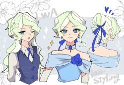 1girl blonde_hair blue_choker blue_dress blue_eyes blue_ribbon choker chya_dan_go12 commentary diana_cavendish dress earrings floral_background hair_bun hair_ribbon highres jewelry little_witch_academia long_hair luna_nova_school_uniform multiple_views one_eye_closed ribbon school_uniform smile strapless strapless_dress upper_body