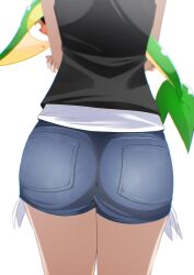 Rule 34 | 1girl, ass, black vest, blue shorts, blurry, commentary request, denim, denim shorts, depth of field, from behind, gen 5 pokemon, highres, hilda (pokemon), holding, holding pokemon, irika illust, nintendo, pokemon, pokemon (creature), pokemon bw, shirt, shorts, snivy, vest, white background, white shirt