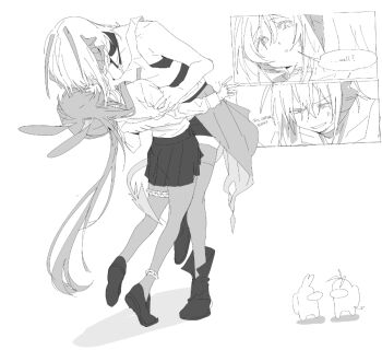 Rule 34 | 2girls, amiya (arknights), among us, anger vein, animal ears, antennae, arknights, boots, crewmate (among us), demon tail, english text, greyscale, hamha s, horns, kiss, long hair, medium hair, monochrome, multiple girls, parted lips, pleated skirt, rabbit ears, skirt, speech bubble, tail, thigh strap, thighhighs, w (arknights), yuri