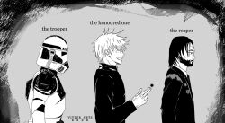 3boys clone_trooper english_text fortnite gojou_satoru highres john_wick john_wick_(character) jujutsu_kaisen monochrome multiple_boys star_wars star_wars:_the_clone_wars vitter-arts