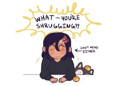 1girl 1other black_hair black_shirt chainsaw_man dog dreamisoup english_text food food-themed_hair_ornament fruit hair_between_eyes hair_ornament hairclip husky looking_at_viewer nayuta_(chainsaw_man) orange_(fruit) ringed_eyes shirt short_hair simple_background smile solo_focus strawberry_hair_ornament white_background yellow_eyes