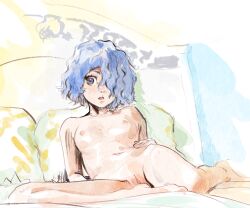 1girl bed berserk blue_eyes blue_hair breasts butterchalk commentary completely_nude english_commentary freckles hair_over_one_eye isma looking_to_the_side navel nipples nude on_bed open_mouth pussy small_breasts solo uncensored