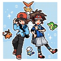 2boys :d black_pants blue_jacket bodysuit bodysuit_under_clothes border brown_eyes brown_hair commentary gen_5_pokemon grey_shorts hand_in_pocket happy hat highres hilbert_(pokemon) jacket kyuu999_bot male_focus multiple_boys nate_(pokemon) nintendo open_mouth oshawott outline pants pixel_art pokemon pokemon_bw pokemon_bw2 shoes short_hair shorts smile snivy standing starter_pokemon_trio symbol-only_commentary tepig visor_cap white_border