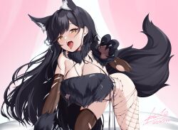 1girl all_fours alternate_costume animal_ear_fluff animal_ears atago_(azur_lane) azur_lane bikini black_bikini black_gloves black_hair black_thighhighs blush breasts claws cleavage elbow_gloves esto_0079 fangs fishnet_thighhighs fishnets fur_bikini gloves highres large_breasts long_hair open_mouth solo swimsuit tail thighhighs thong_bikini tongue tongue_out torn_clothes torn_gloves torn_thighhighs werewolf_costume yellow_eyes